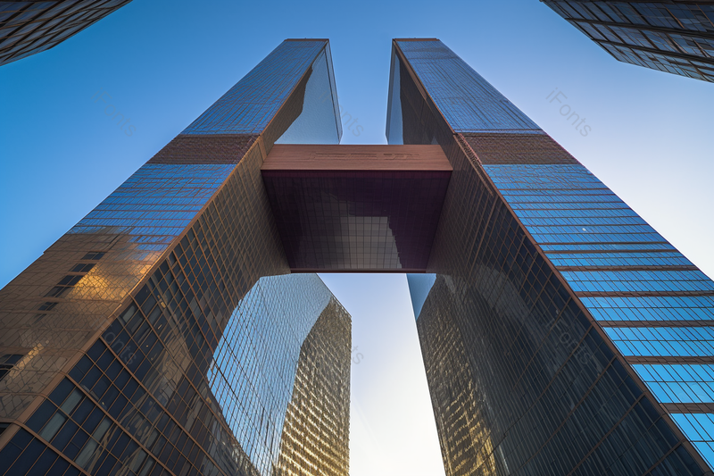仰望两栋大楼中间链接走廊现代蓝色建筑科技企业商业办公楼市区科技园实拍,高清,摄影图,摄影图片,图片大全,摄影图免费下载